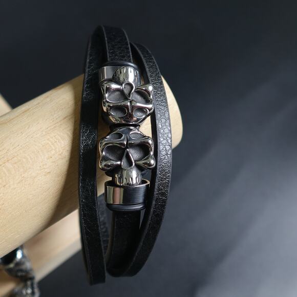 Stainless Steel Leather Bracelet W/ Skulls Accent SBR-788 - Picture 9 of 9